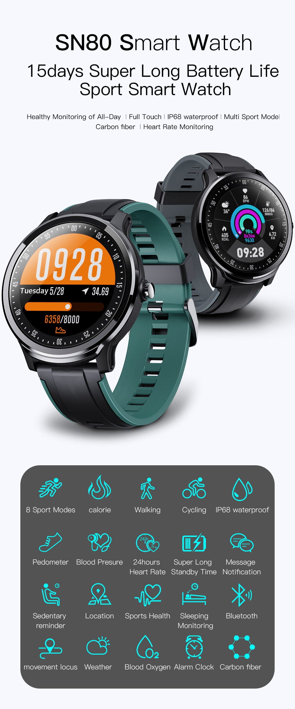 Newest smart watch SN80 fashion watch fitness tracker